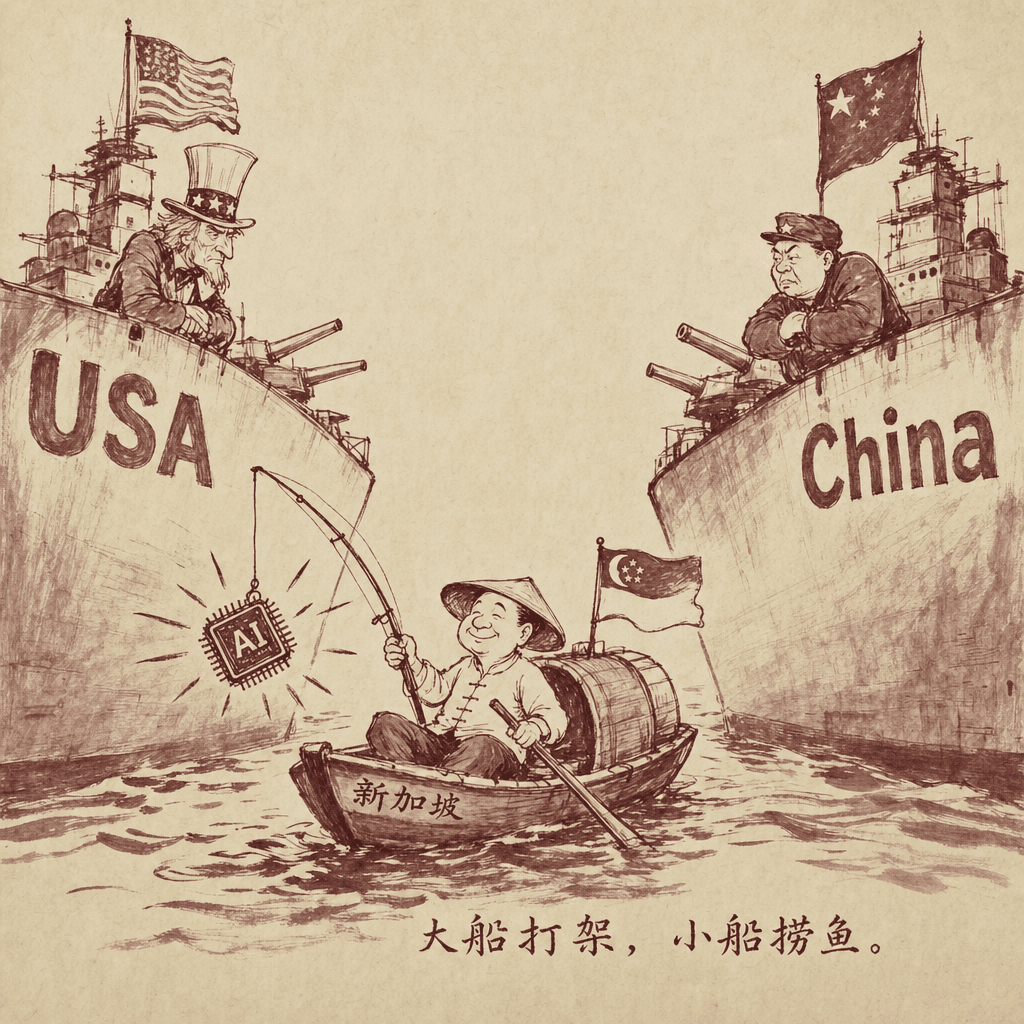A small Singapore shopkeeper in a sumi-e ink cartoon style calmly steering a tiny sampan boat between two massive battleships labeled "USA" and "China", while holding a fishing rod that has caught a glowing AI chip, with subtle satirical tension