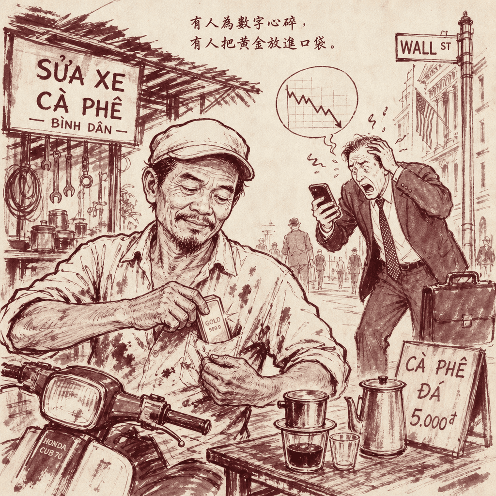 A weathered Vietnamese motorbike mechanic in oil-stained shirt calmly tucking a gold bar into his pocket at a roadside coffee stall, while in the background a sharply-dressed Wall Street banker frantically stares at a falling chart on his phone, sumi-e ink cartoon style with satirical contrast
