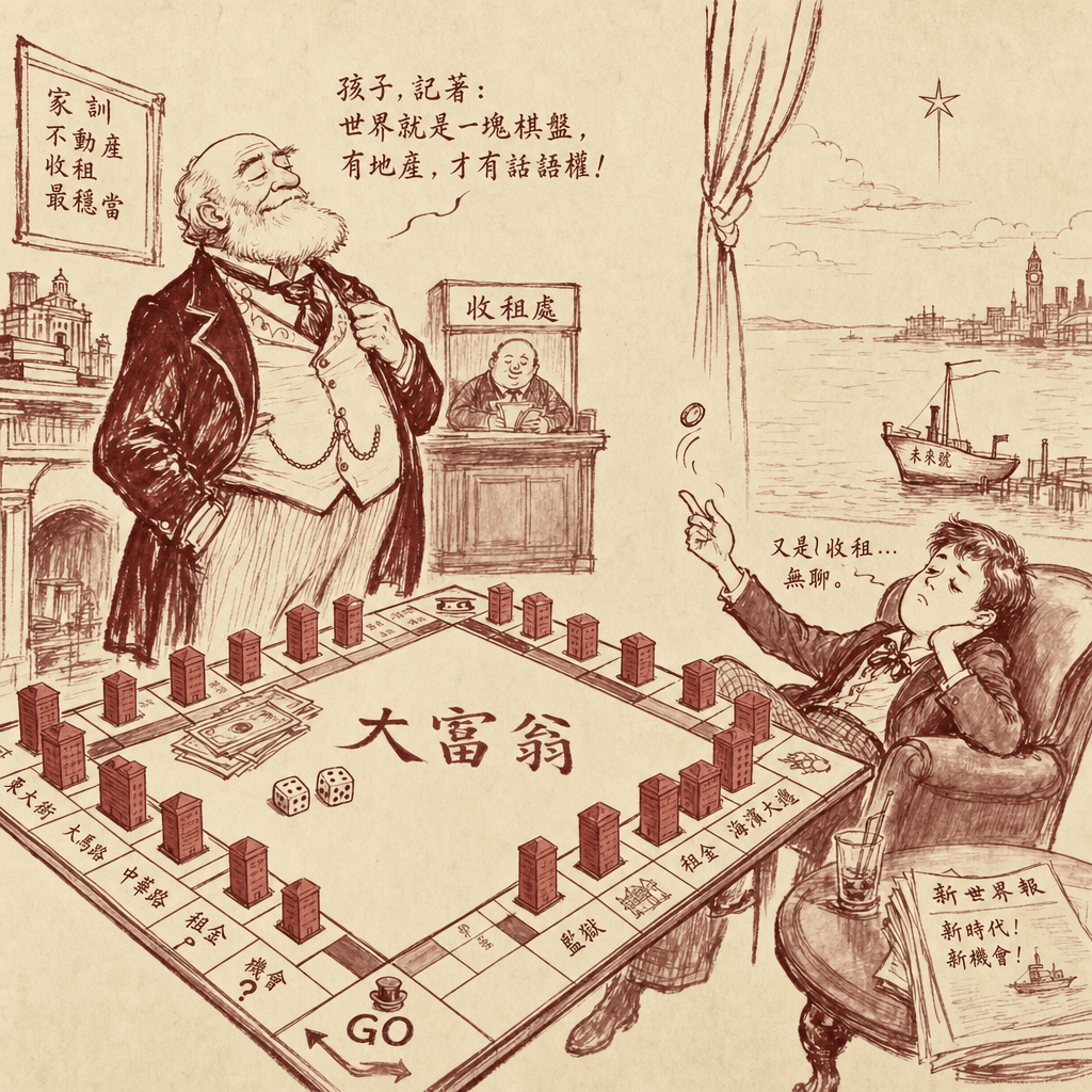 An old bearded patriarch in a Victorian waistcoat stands proudly beside a giant Monopoly board covered in red hotels, while his bored grandson slouches in a chair flipping a coin, and behind them a single star shines over a distant empty harbor where a new tiny boat waits to be sailed, drawn in satirical sumi-e cartoon style.