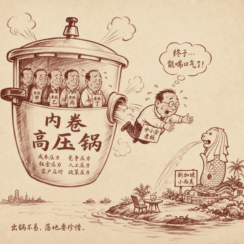 A sumi-e cartoon of a sweating Chinese SME boss being squeezed out of a giant pressure cooker labeled in ink characters, landing gently on a small tidy island marked with a Merlion, while other bosses queue behind him still inside the cooker, satirical and slightly absurd