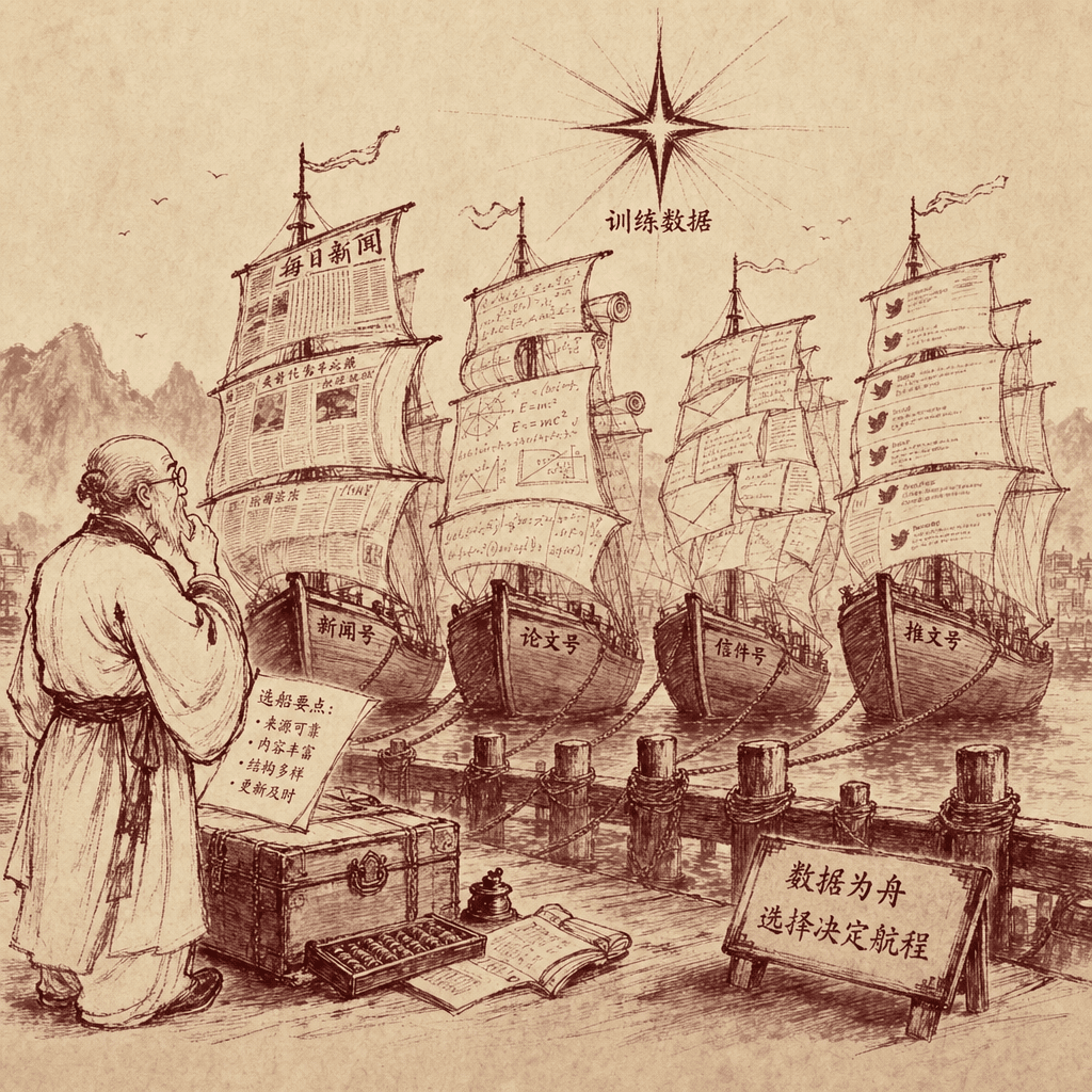 An old bespectacled merchant at a misty harbor inspecting four different sailing ships tied to the same dock, each ship's sails made from different materials — newspaper, academic scrolls, chat letters, and tweets fluttering in the wind — with a single guiding star labeled "training data" above them in sumi-e ink style.