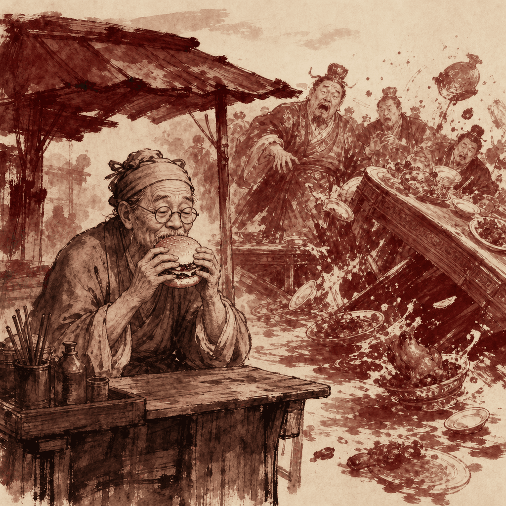 A sumi-e cartoon of an old harbor where a weathered merchant in round glasses calmly eats fries from a paper bag while watching a chaotic regatta of fancy ships sinking in the distance, with a single steady lighthouse shaped like the golden arches in the background.