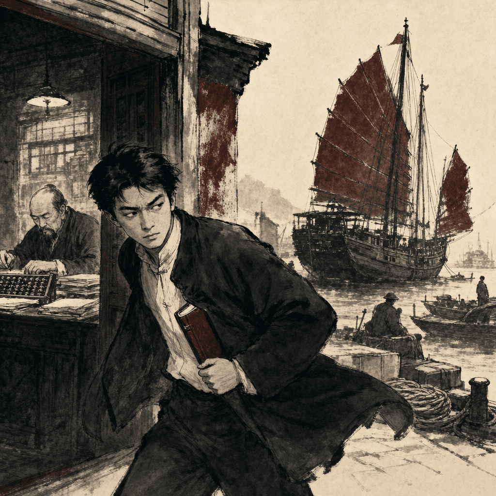 A sumi-e cartoon of an old harbor counting house at dawn, where a nervous clerk hides a heavy ledger under his coat while sneaking onto a departing junk ship, as an older bespectacled merchant arrives at the empty desk holding a lantern to inspect rows of dusty unsold cargo crates labeled with chalk prices.
