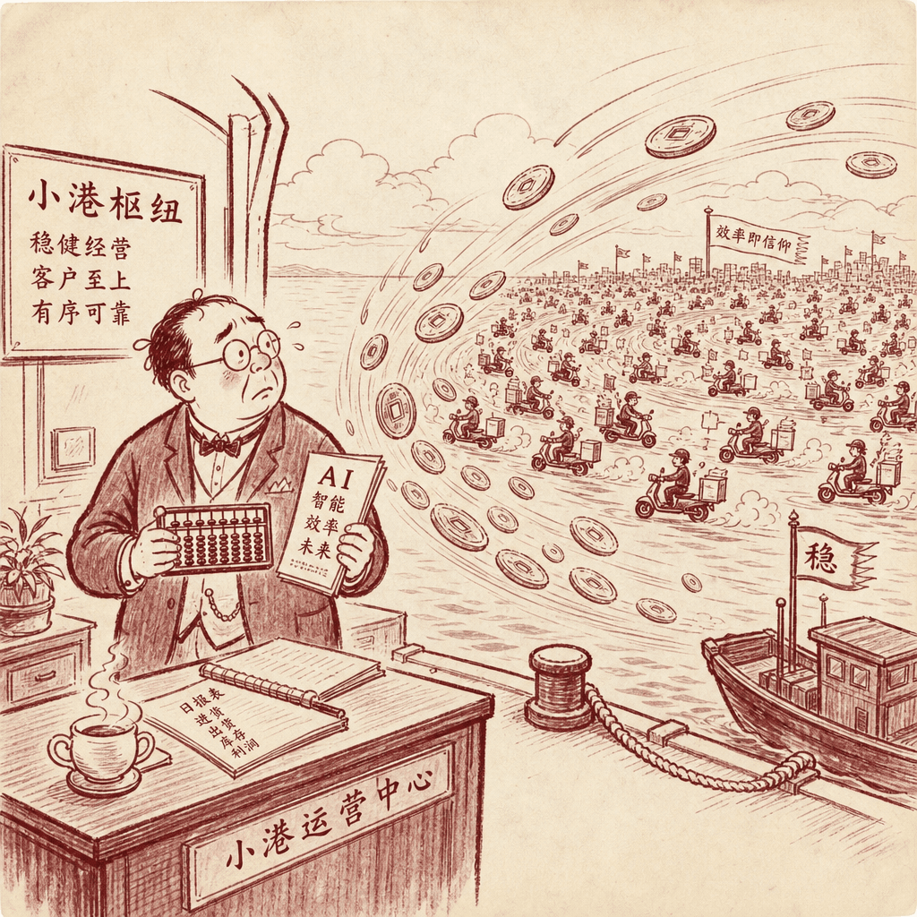 A sumi-e cartoon scene of a well-dressed merchant in a small tidy harbor office holding a tiny abacus and an AI-themed pamphlet, looking nervously across the water at a vast distant shore where countless tiny figures on scooters race in frantic circles delivering boxes, while a giant invisible wind blows golden coins from the far shore toward his harbor — satirical tension between the orderly small hub and the overwhelming chaotic productivity beyond.