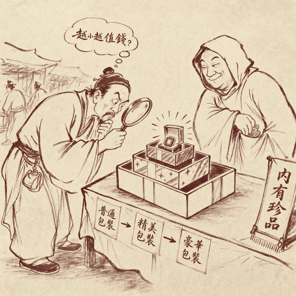 A cautious middle-aged merchant in a sumi-e cartoon style peers through a magnifying glass at three nested gift boxes on a market stall, each box smaller and flashier than the last, with a glowing chip-shaped trinket inside the smallest one, while a smiling vendor in a hooded cloak quietly slips coins into his sleeve.