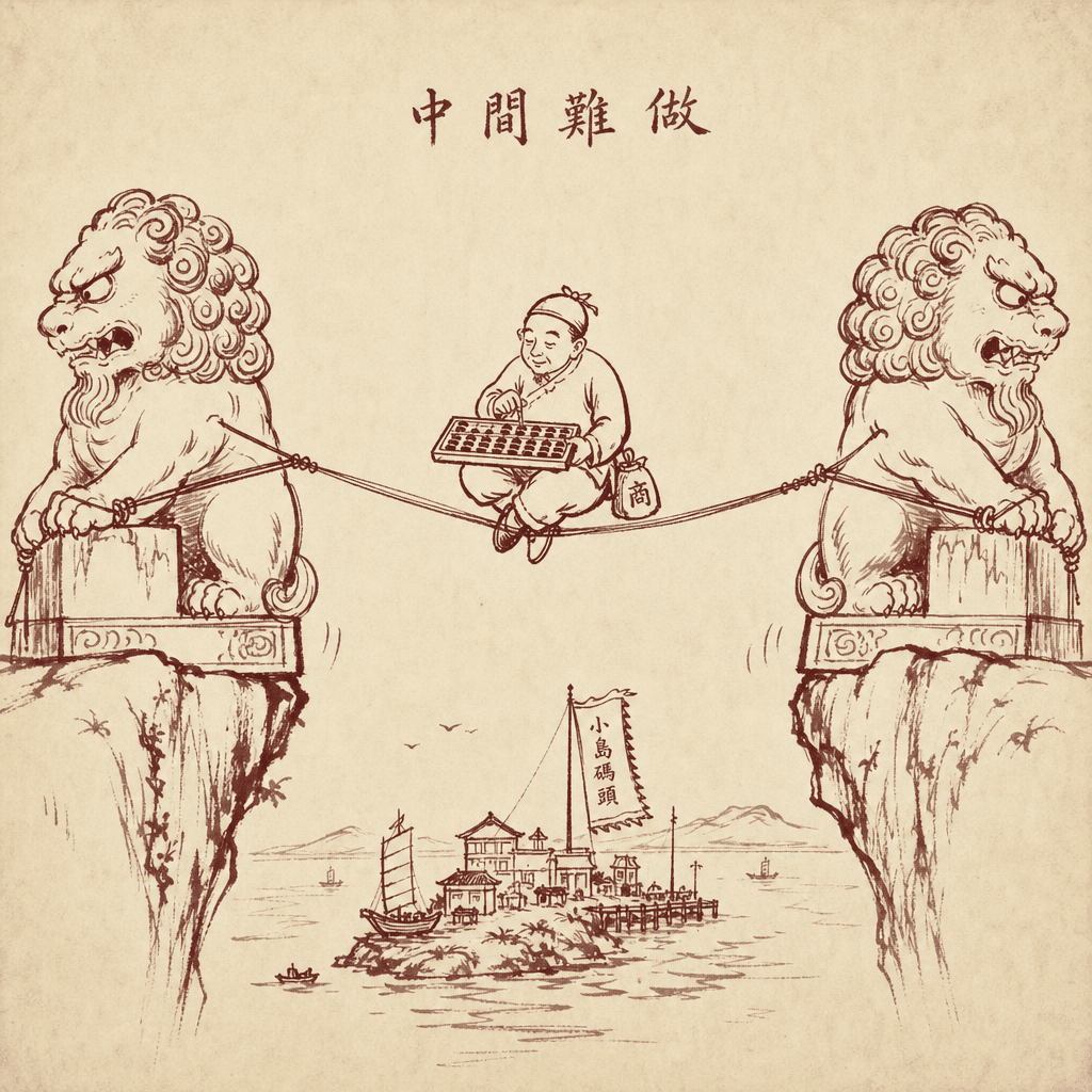 A sumi-e cartoon of a small merchant balancing precariously on a narrow rope strung between two giant stone lions facing opposite directions, each lion pulling its end of the rope tighter, while the merchant calmly counts coins on an abacus above a tiny island harbor below.