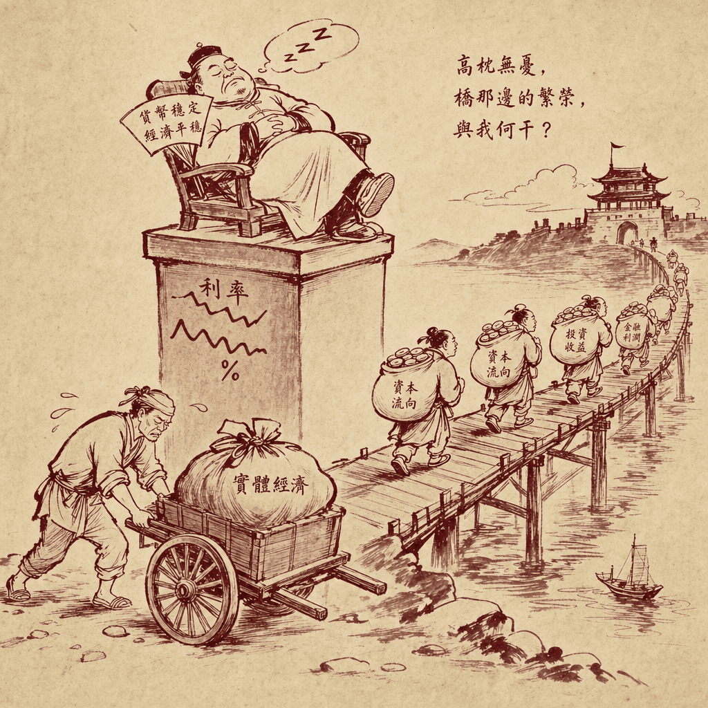 A sumi-e cartoon of a stern central banker figure pretending to sleep on a tall pedestal labeled with abstract interest-rate squiggles, while below him several small merchants quietly carry sacks of coins across a wooden bridge toward a distant pagoda silhouette on the other shore, a weary worker pushing a heavy cart in the foreground.