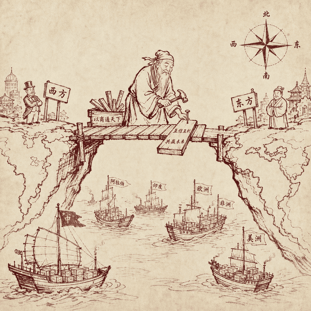 A sumi-e cartoon of a wise old merchant standing on a small wooden bridge that spans two large drifting continents, calmly hammering one new plank into the bridge while ships from many nations sail underneath carrying crates, with a faint compass rose in the sky.
