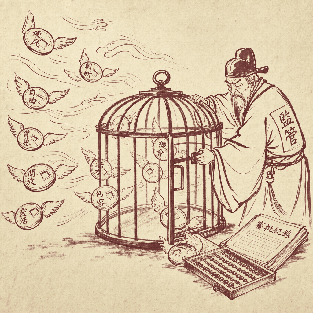A satirical sumi-e cartoon: a flock of brightly painted paper coins floating freely in the wind, while a stern old gatekeeper in regulator's robes calmly closes an iron cage around them, an abacus and a ledger at his feet, one small coin still trying to slip through the bars.