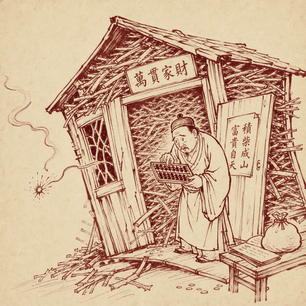 A sumi-e cartoon of a wooden house overflowing with dry kindling stacked to the ceiling, while a small merchant in a long robe stands at the door anxiously counting coins on an abacus, as a single spark drifts in through a crack in the window — the floor tilts slightly, suggesting imminent collapse.