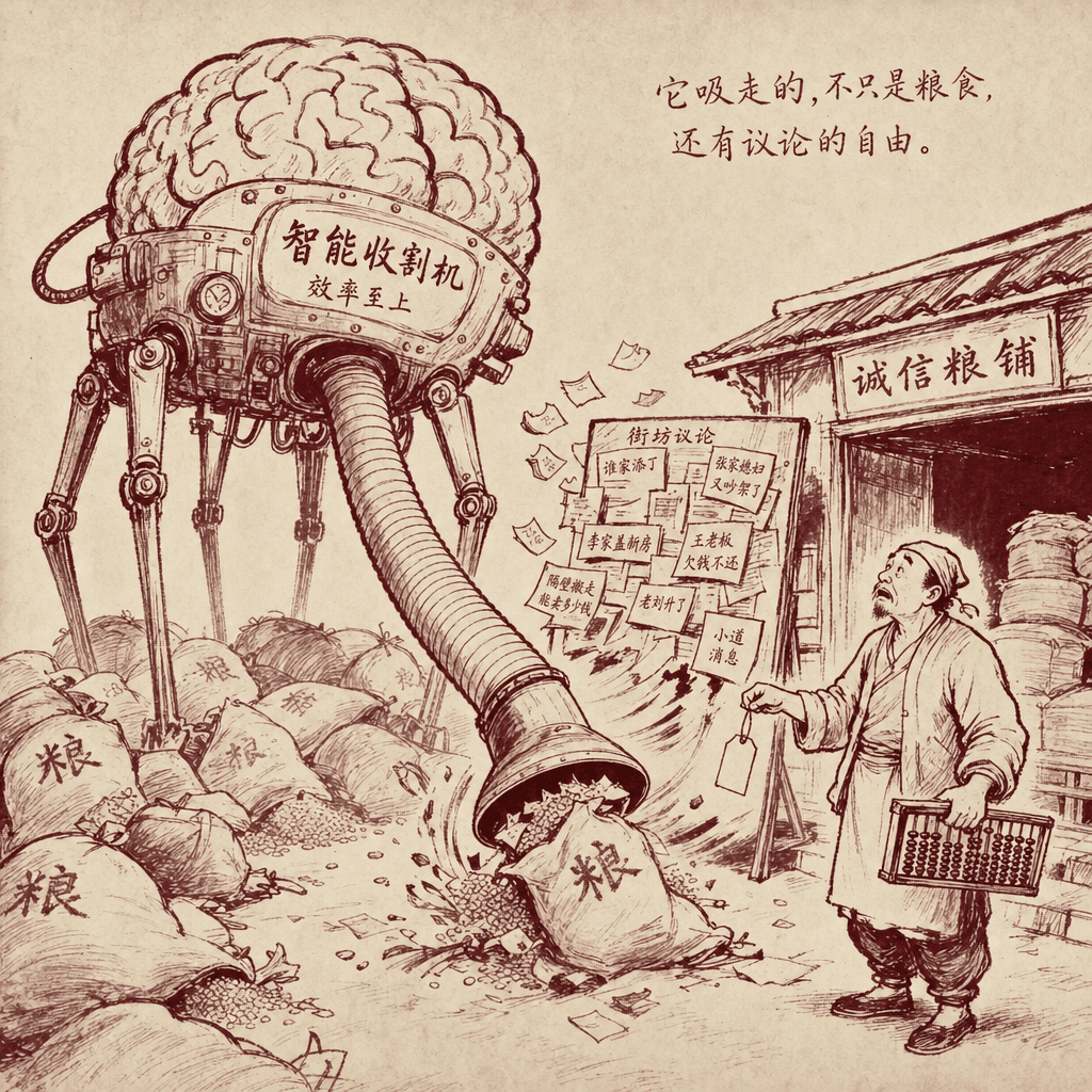 A sumi-e cartoon of a giant mechanical brain on stilts vacuuming up sacks of grain and metal chips from a small merchant's open warehouse, while the merchant stands holding an empty price tag and an abacus, ink wash with dry brush strokes, satirical editorial style