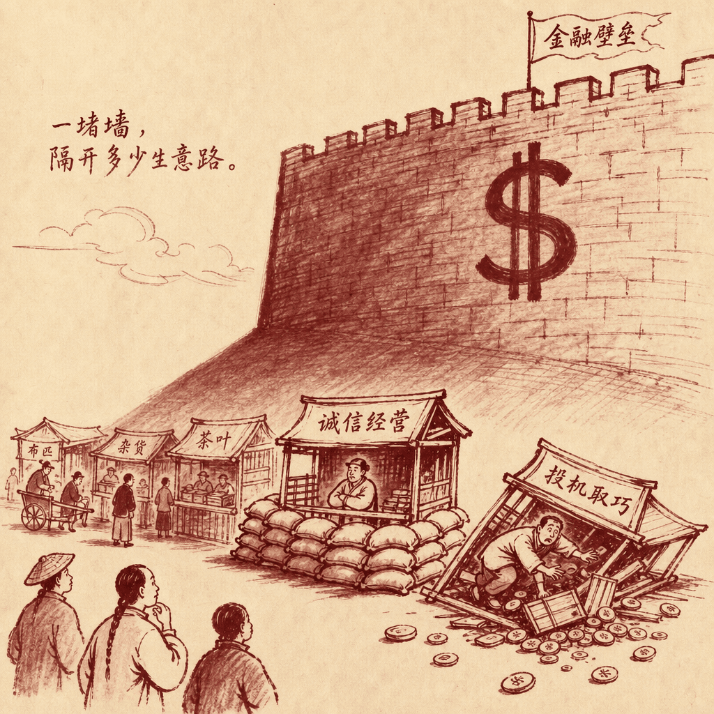A tall stone wall labeled with a generic dollar mark casts a long shadow over a row of small Asian merchant stalls; one stall stands firm with sandbags while another tilts and spills coins, drawn in sumi-e ink with satirical exaggeration