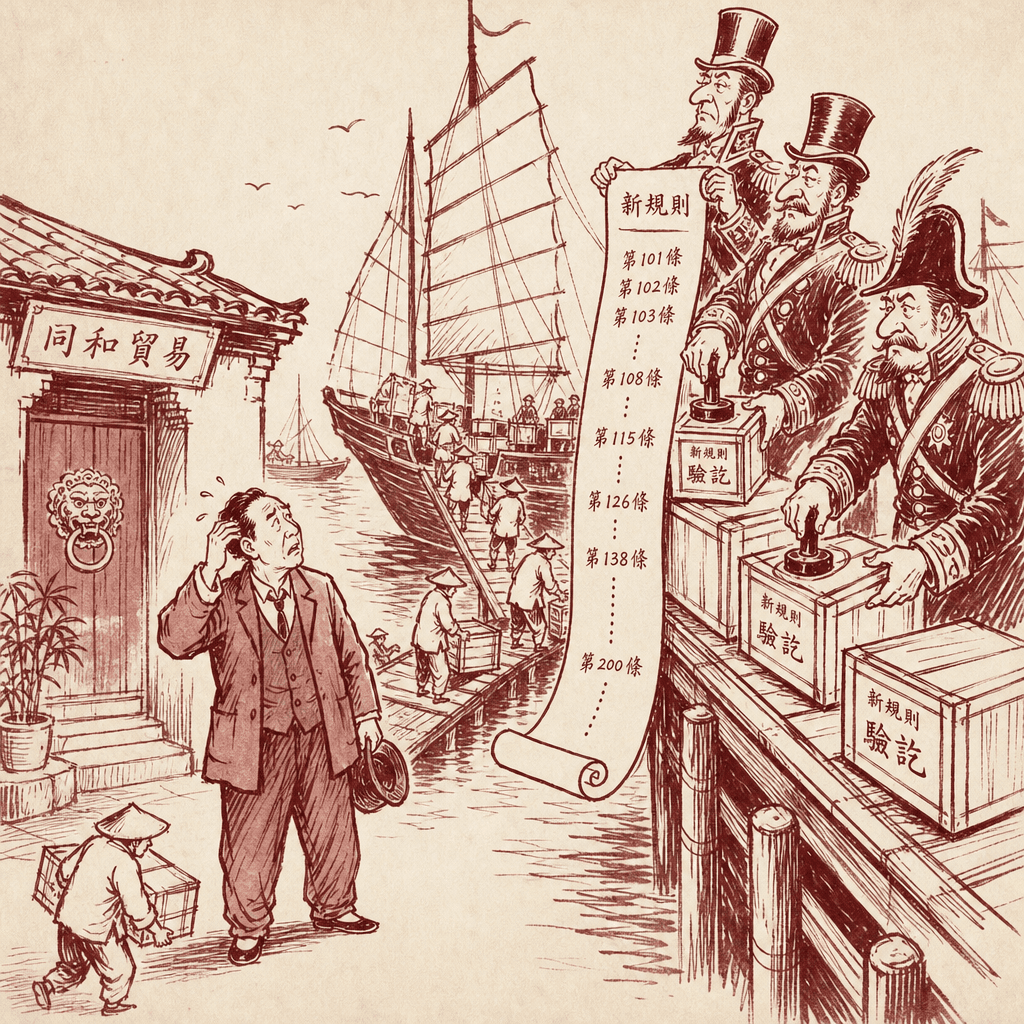 A worried Chinese merchant in a modest suit stands at a busy port loading small parcels onto a departing junk ship, while three tall Western customs officers in ornate uniforms hold up an increasingly long scroll of new rules, each stamping fresh seals on every crate; behind the merchant, a small tidy trading house with a lion-head door plaque waits as a quiet refuge, ink-wash sumi-e cartoon style with satirical tension.