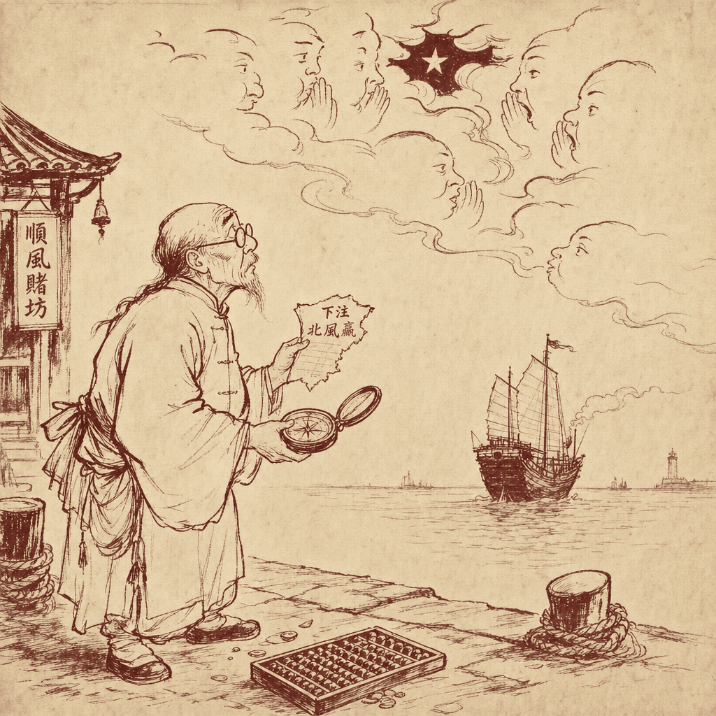 A sumi-e ink cartoon of an old bespectacled merchant at a harbor gazing at a distant ship, holding a torn betting slip in one hand and a compass in the other, while overhead a single star is partially obscured by drifting clouds shaped like whispering faces, with an abacus abandoned at his feet.