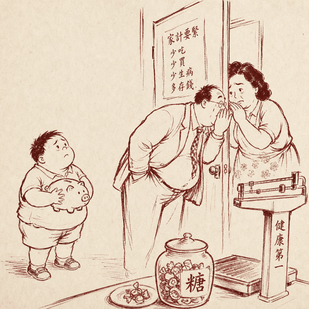 A sumi-ink editorial cartoon of a soft-bellied father in a suit secretly whispering to a mother behind a door, while a chubby child waits anxiously holding a piggy bank, with a doctor's scale and a sugar jar on the table, ink-wash style with satirical tension