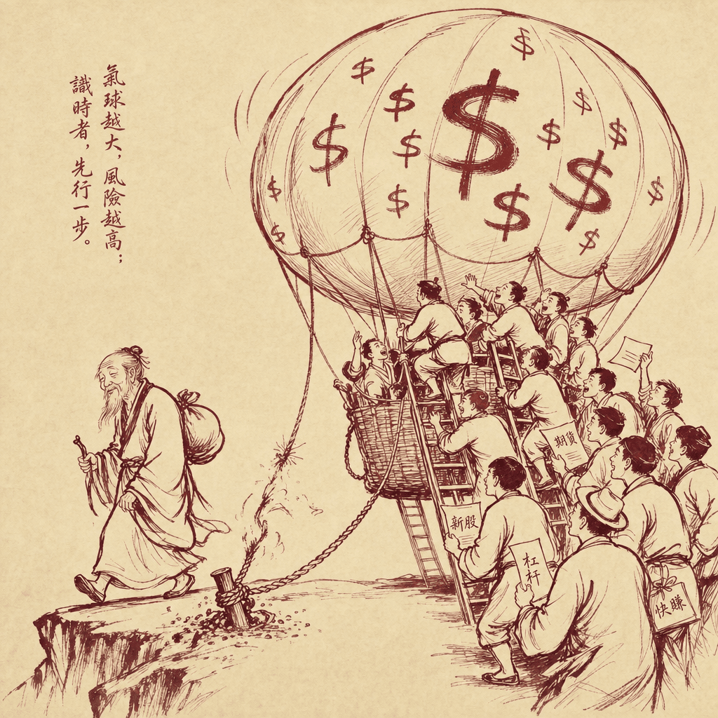 A sumi-e cartoon of an old wise merchant quietly stepping off an enormously overinflated hot-air balloon labeled with abstract dollar signs, while a crowd of younger traders climb aboard with ladders, the balloon's rope already fraying near the anchor.