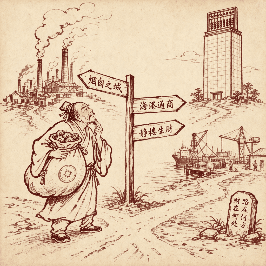 A sumi-e cartoon of an old Chinese merchant standing at a crossroads with three signposts pointing to a smoky factory town, a tropical port with cargo cranes, and a quiet glass tower with an abacus on its rooftop, while he clutches a heavy bag of coins and squints at the tower.