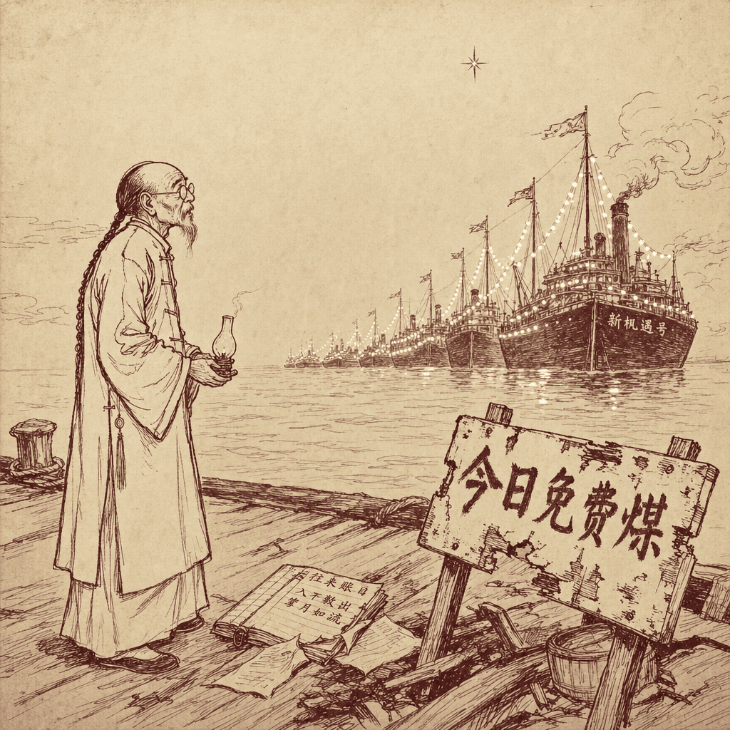 An old bespectacled merchant in long robes stands on a 19th-century harbor pier holding a near-empty oil lamp, watching a fleet of brightly lit ships sail away while a faded sign on the dock reads "Free Coal Today" in chipped paint, with a single steady star above the mast and a tattered ledger at his feet.