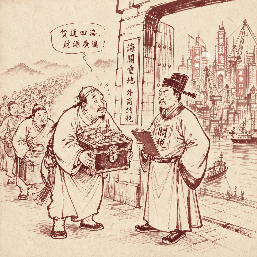 A sumi-e cartoon of a wealthy Asian merchant carrying a heavy chest of gold standing at a narrow gate guarded by a stern customs official with a clipboard, while behind the gate a bustling port city glows with neon towers and shipping cranes; the merchant looks both eager and slightly worried, and a long queue of similar merchants stretches behind him into the misty horizon.