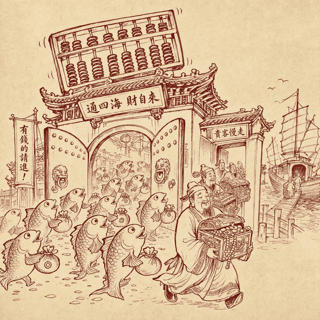 A sumi-e cartoon of a grand merchant house flinging open its golden front gates to welcome a cheerful crowd of small fish carrying coin purses, while out the back door wealthy old patrons in robes quietly slip away with overflowing treasure chests onto a departing junk ship, an oversized abacus tipping above the entrance.