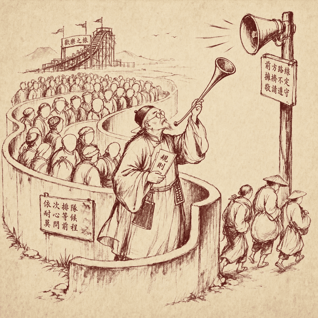 An old bespectacled merchant in a long robe standing inside a winding maze-like queue of faceless travelers waiting for an unseen ride, holding a brass ear-trumpet up toward a distant loudspeaker on a wooden post, while two or three small figures quietly slip out through a side gap carrying their bundles, sumi-e ink wash style with satirical tension.