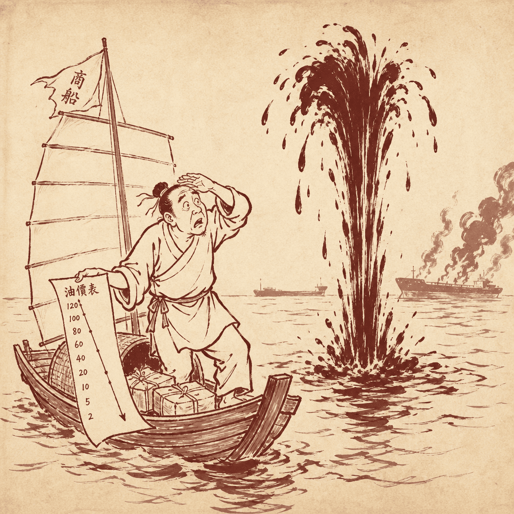 A sumi-e cartoon of a bewildered merchant standing on a small junk boat, one hand holding a downward-sloping paper scroll labeled with tiny numbers, the other hand shielding his face from a sudden geyser of black oil erupting from the sea beside him, with distant silhouettes of tanker ships on fire on the horizon.